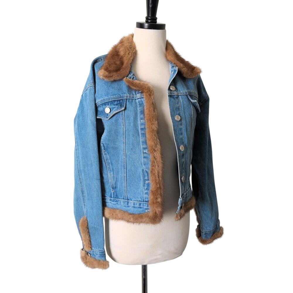 Vintage Y2K Fur Trim Jean Denim Jacket Womens Medium‎ Boho 2000s